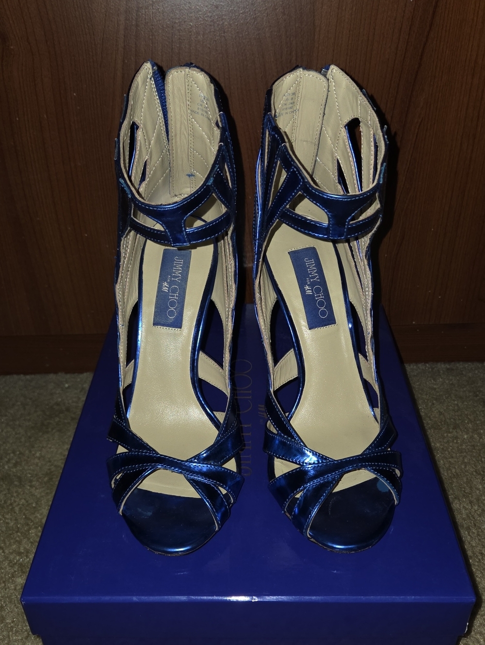 Jimmy Choo Metallic Navy Strappy Open-Toe Heels